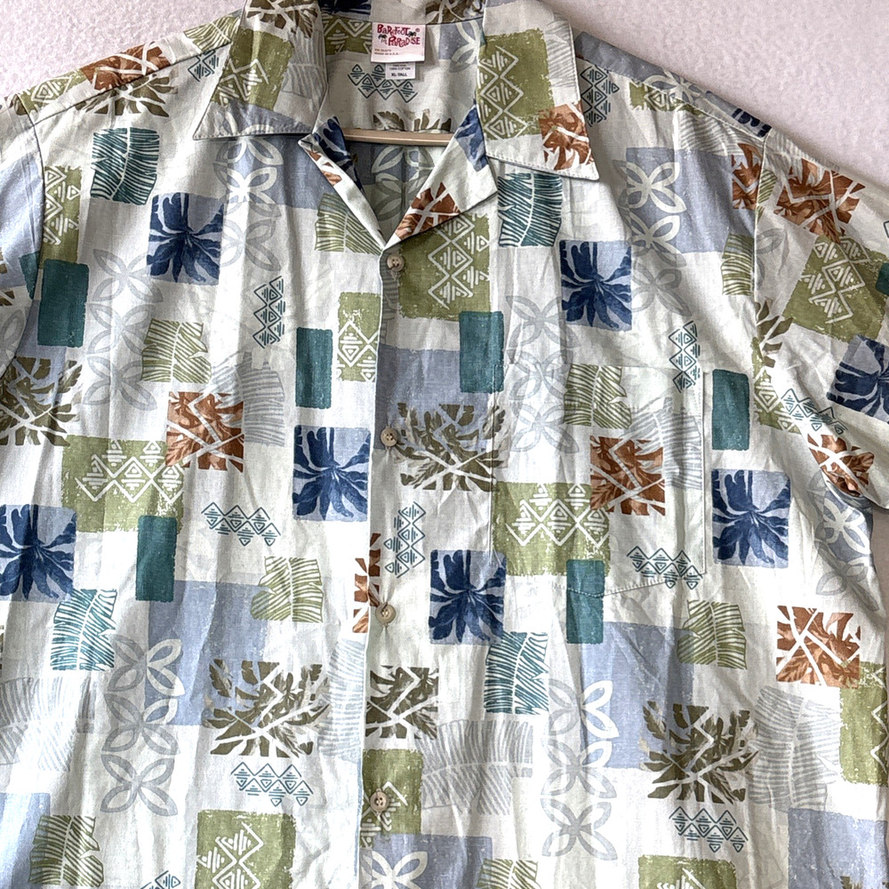 Vintage Barefoot In Paradise Reverse Print Hawaiian Shirt Mens XLT Blue USA